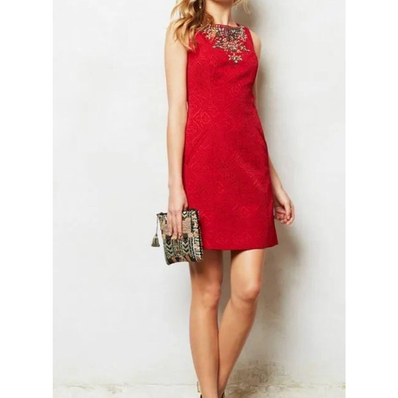 Anthropologie Dresses & Skirts - Anthropology Moulinette Soeurs Dress Beaded Red Sleeveless Lined Back Zip Size 6